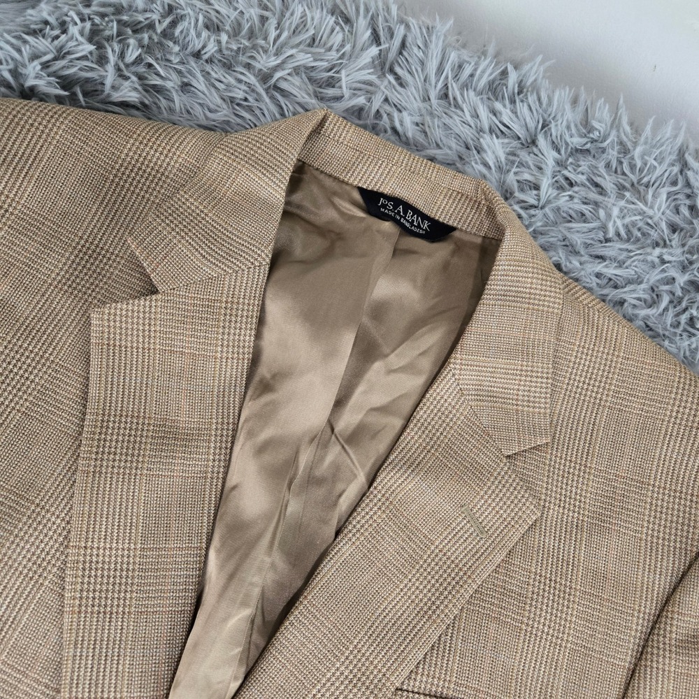 Jos. A. Bank Mens 44R Tan Silk Wool‎ Glen Plaid Two Button Blazer Sport Coat